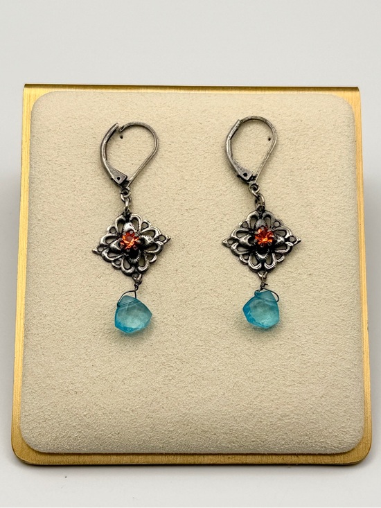 Vintage Jewelry - Vintage Style Filigree Drop Earrings with Red Crystals & Aqua Blue Dangles